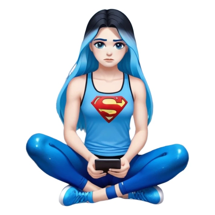Shameful disappointed crying-very very very very big chest-texting on a samsung cell phone-very long straight flowing black to sky blue hair ombre-blue eyes-black eyeliner-long eyelashes-plastic sparkling sky blue very low cut tank top with sparkling superman logo-black leggings-nike sneakers sticker