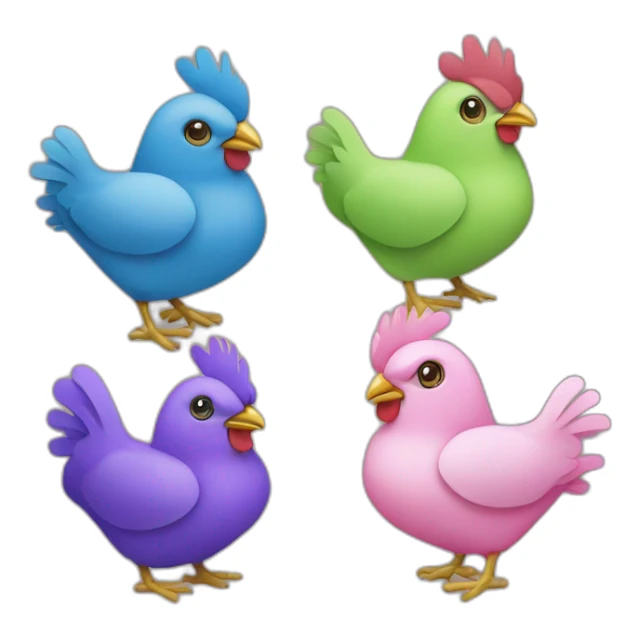 Four chickens in differents colors : blue, purple, pink and green sticker