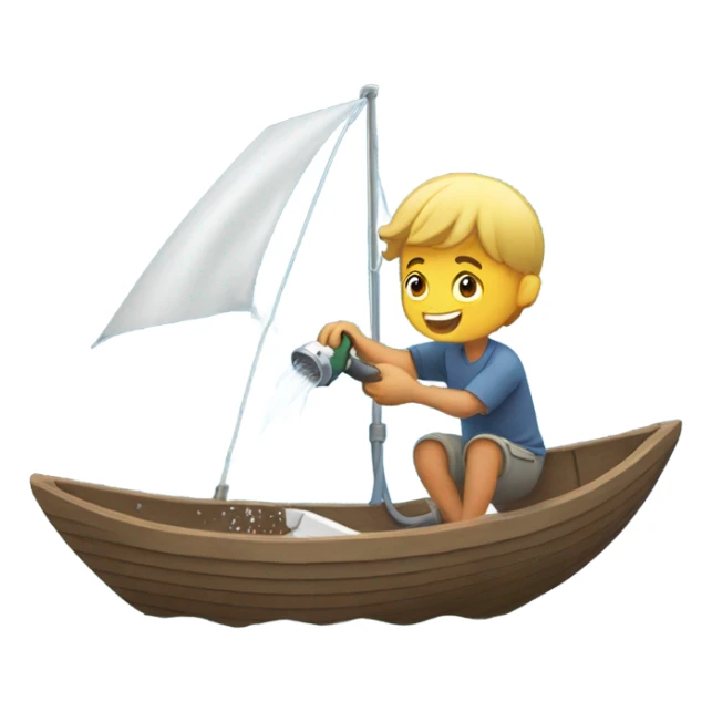 boy pouring water from a hose onto a sailboat  sticker