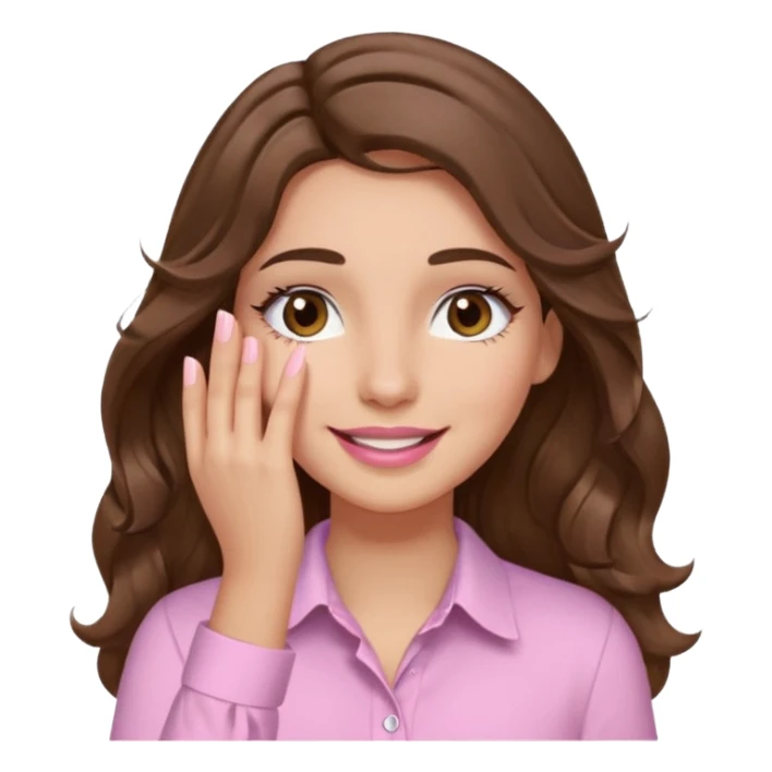 girl with wavy long brown hair, brown eyes, light to medium complexion, long lashes, light pink lipstick, wearing light pink shirt, smiling, hand covering eyes sticker
