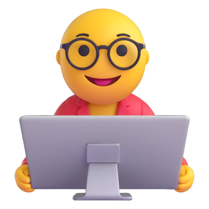 3D smiley emoji, round shape, data entry clerk: sitting in front of computer, wearing glasses, with the text "Adatrögzítő" on it sticker