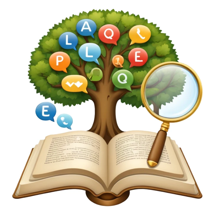 An icon featuring an open book, a speech bubble, and a linguistic tree, symbolizing philology and linguistics. The design includes alphabets, language symbols, and a magnifying glass, representing the study of language, structure, and meaning. Transparent background sticker