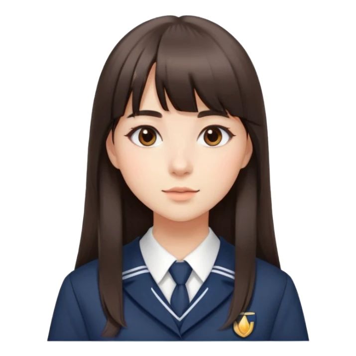 Attractive female student with long straight dark brown hair with bangs, beautiful school uniform, subtle makeup sticker