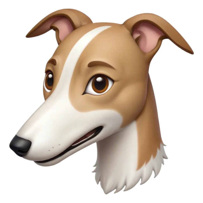 Cinematic Comical White and Brown Greyhound Portrait Emoji, Head tilted dramatically with an exaggeratedly amused expression, featuring a striking white Fur with dynamic brown accents, wide, expressive eyes filled with playful disbelief, Simplified yet hilariously expressive features, highly detailed, glowing with a slightly sassy glow, high shine, dramatic yet playful, stylized with an air of cheeky mischief, bright and endearing, soft glowing outline, capturing the essence of a spirited and over-the-top racer, so meme-worthy it feels like it could side-eye its way into internet fame instantly! sticker