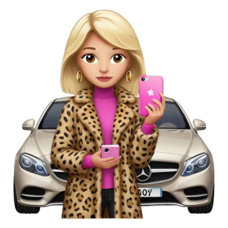 a blondie queen Arina in a leopard fur and pink iPhone on her mercedes sticker