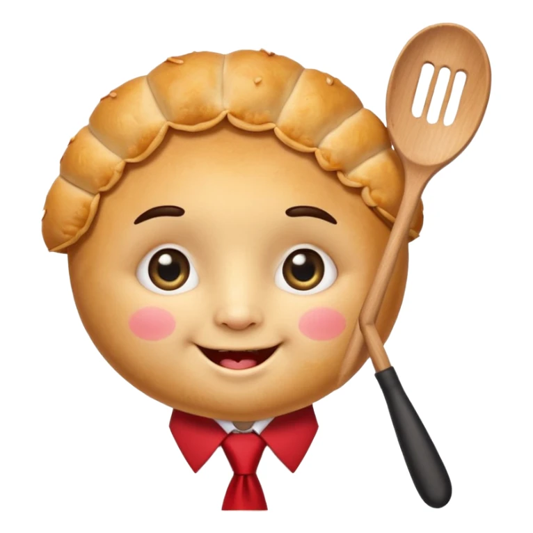 emoji style, happy fried empanada with face, big sparkling eyes, blushing cheeks, two buck teeth, red necktie, holding spatula, thick black outline, golden brown color, very cute and wholesome, transparent backgroun sticker