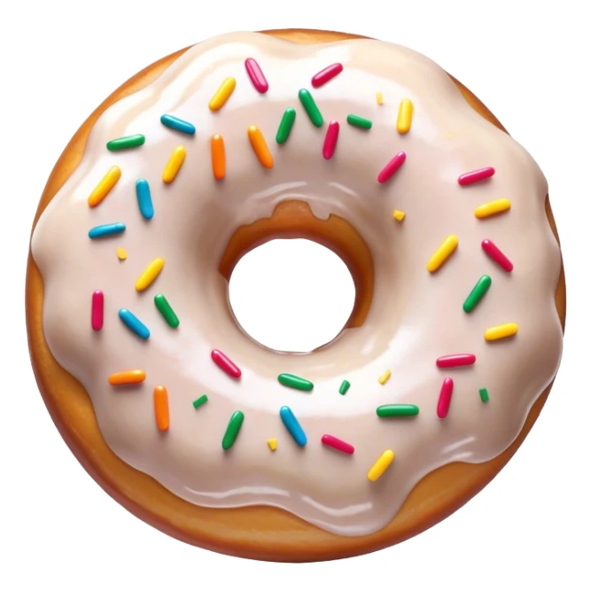 Cinematic Realistic Donut Dessert Emoji, depicted as a fluffy glazed donut with colorful sprinkles rendered with detailed textures and playful, warm lighting. sticker