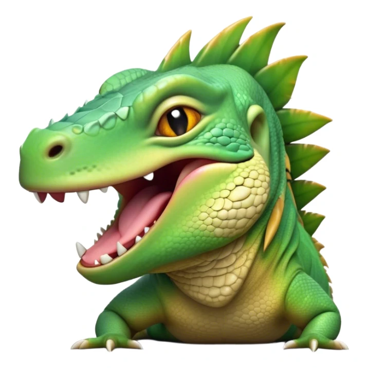 Cinematic Realistic Cute Yawning Iguana Portrait Emoji, Head tilted slightly with a dramatic, wide-open yawn, showcasing a soft, textured green-scaled face with gently drooping features and half-closed, drowsy amber eyes, rendered with natural detail and subtle shadows, high shine, relaxed yet expressive, styled with a dash of tropical charm, soft glowing outline, capturing the essence of a sleepy yet affectionate iguana that appears ready to stretch out and enjoy a peaceful nap! sticker