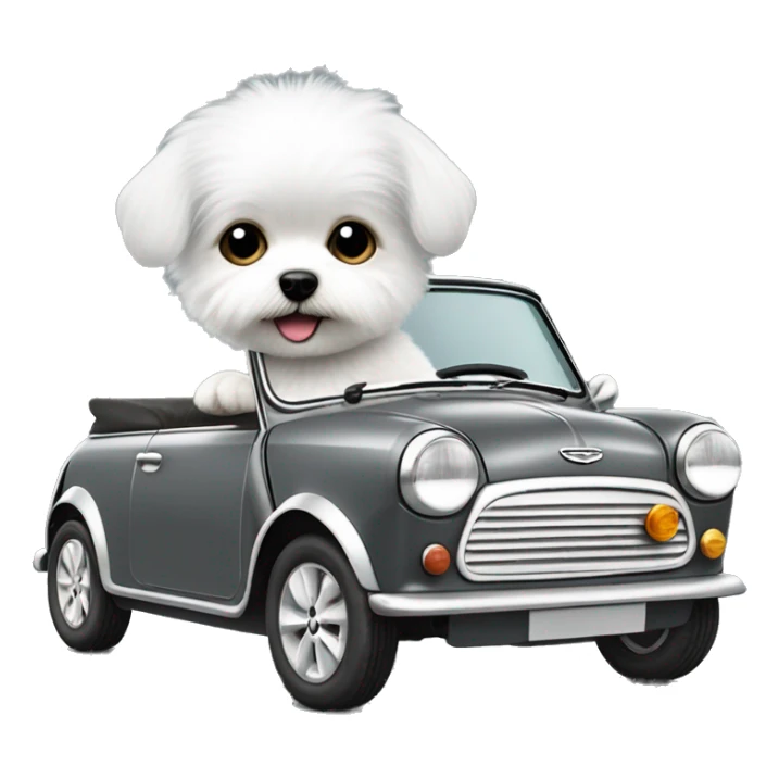 little white fluffy dog ​​driving a gray retro mini cooper 1600 cs sticker