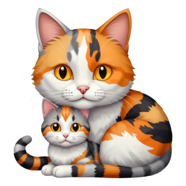 large grey and white cat cuddling a colourful light patched calico + white tabby cat sticker