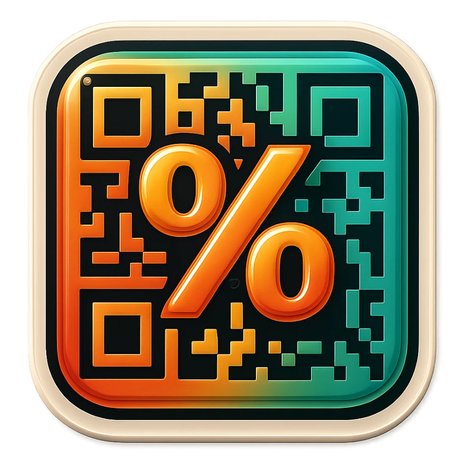 badge featuring a QR code that integrates a large percent sign (%) within it sticker