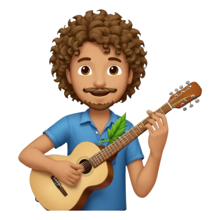 Generate a dude with curly hair and a shitty goatee who is high on marijuana playing the guitar and twisting a strand of his hair sticker