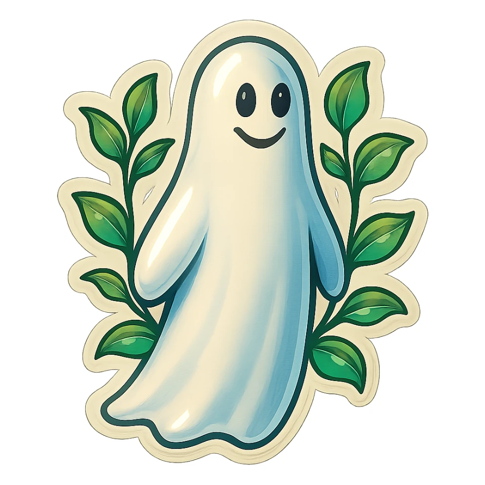 Move the vine and leaves from the ghost's head and shoulders to behind the ghost as decorative elements in the background. Keep the ghost tall, slim, and friendly, in retro sticker style with expressive shadows and highlights. The leaves and vine should frame or accent the ghost from behind, not covering its face or body. sticker