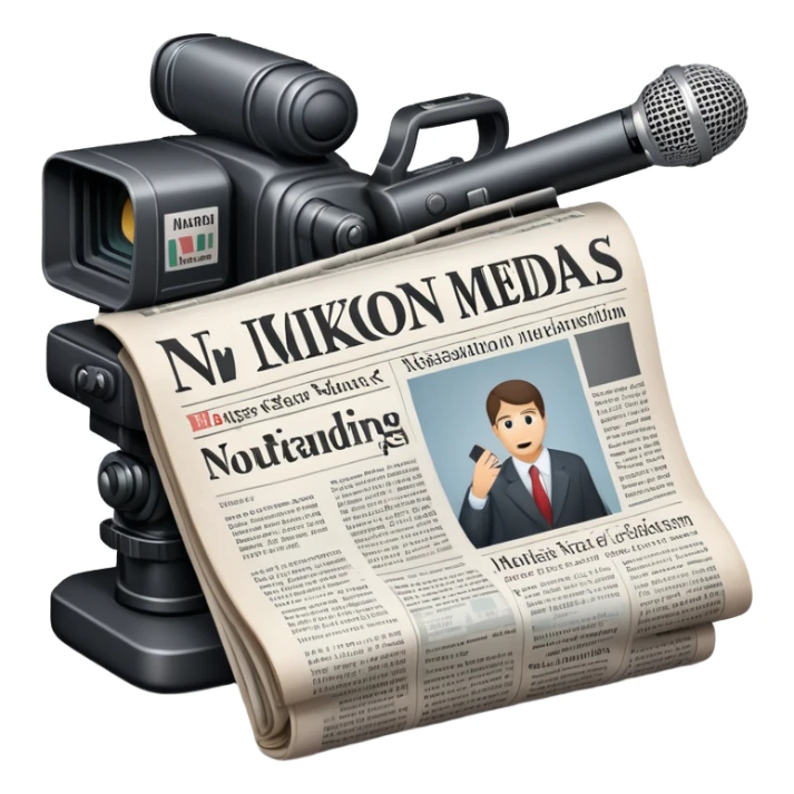 An icon featuring a microphone, a newspaper, a professional camera Nikon D5, representing journalism and mass media. The design includes headlines and imagery, symbolizing the spread of news and information. Transparent background highlights the power of communication and media. sticker