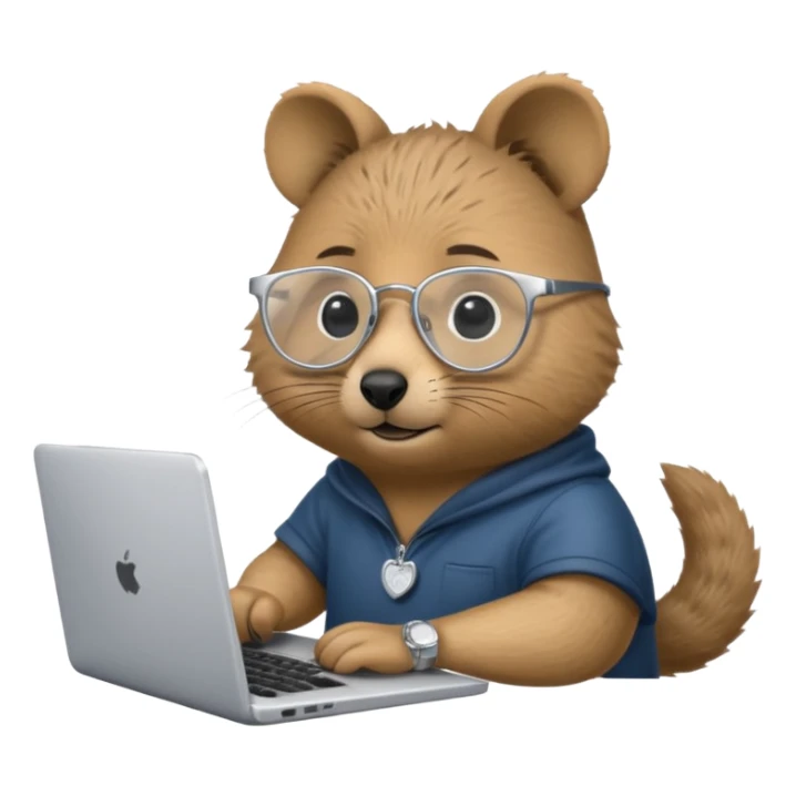 Quokka with silver-rimmed glasses working on a laptop sticker