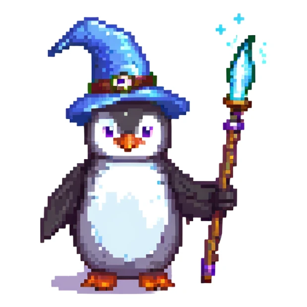 A penguin wizard with a mystical glow and a wand sticker