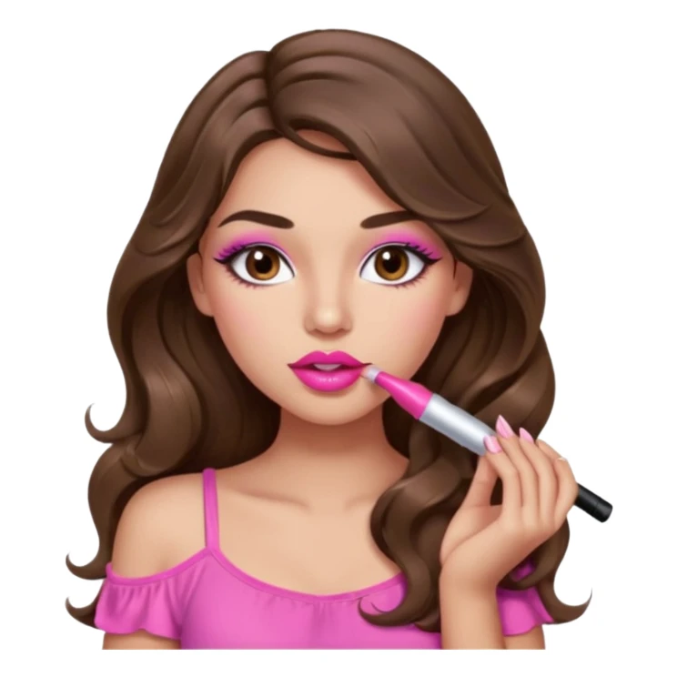 girl with long wavy brown hair, brown eyes, light to medium complexion, in a pink sexy top, pink lips, long lashes, puckered lips, putting on lipstick sticker