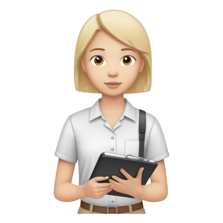 intern or volunteer holding a clipboard and pencil, ready to take notes or assist. The character wears a simple shirt and has an eager posture sticker