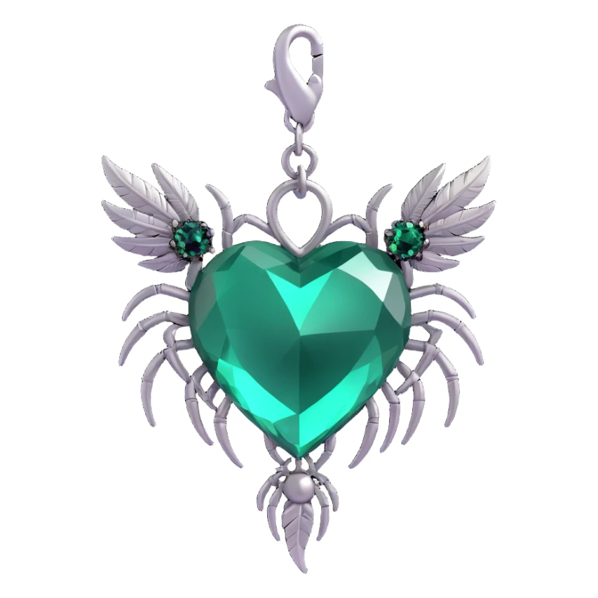 3D emoji gothic heart, dark emerald crystal, silver spider charm, feather accents, lush and gothic sticker