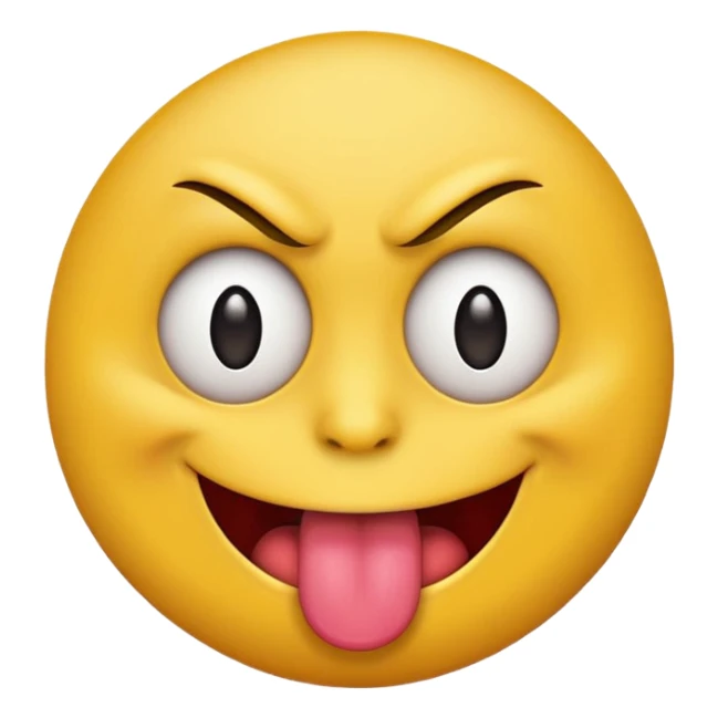 A yellow round face emoji smirking with its tounge out but the eyes are evil and kind of crazy and one eyebrow is raised in a suggestive way sticker