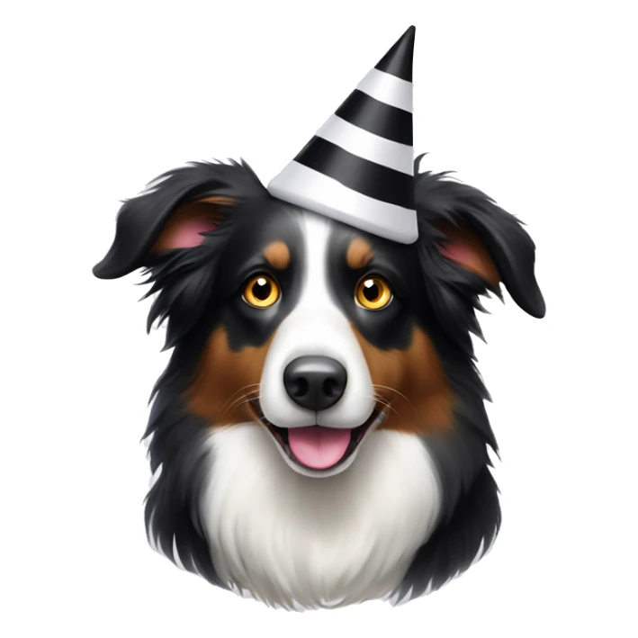 An elderly black and white border collie with white around both eyes and a black stripe down the middle of her face wearing a party hat. sticker