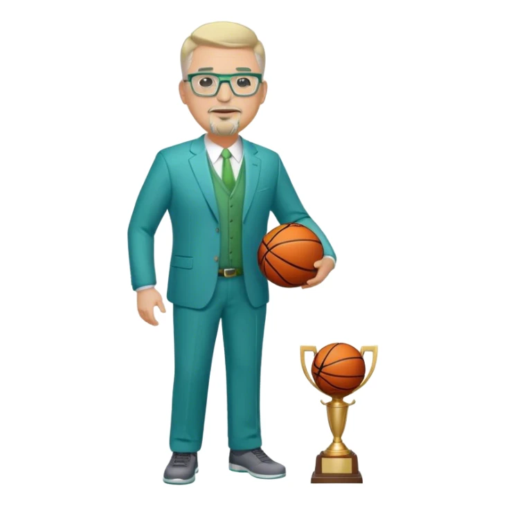 Full Body white middle aged male plus size wearing glasses with a goatee with light blonde and gray very short hair basketball head Coach in blue and green suit holding trophy sticker