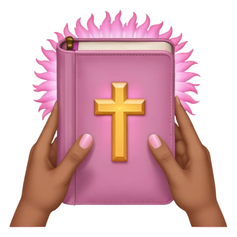 emoji hands holding a monochromatic pastel pink glowing bible sticker