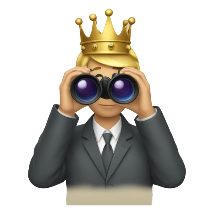 a man holding and looking through binoculars with crown sticker