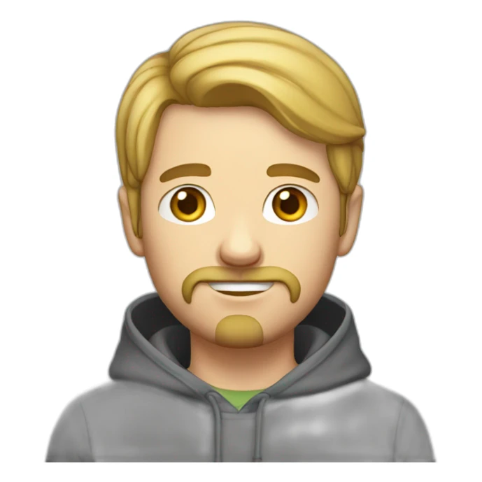 Young white man with moustache and beard wearing a hoodie sticker