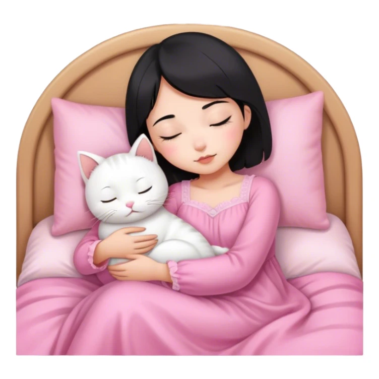 White cat sleeping with Asian girl short hair in pinky bed  sticker