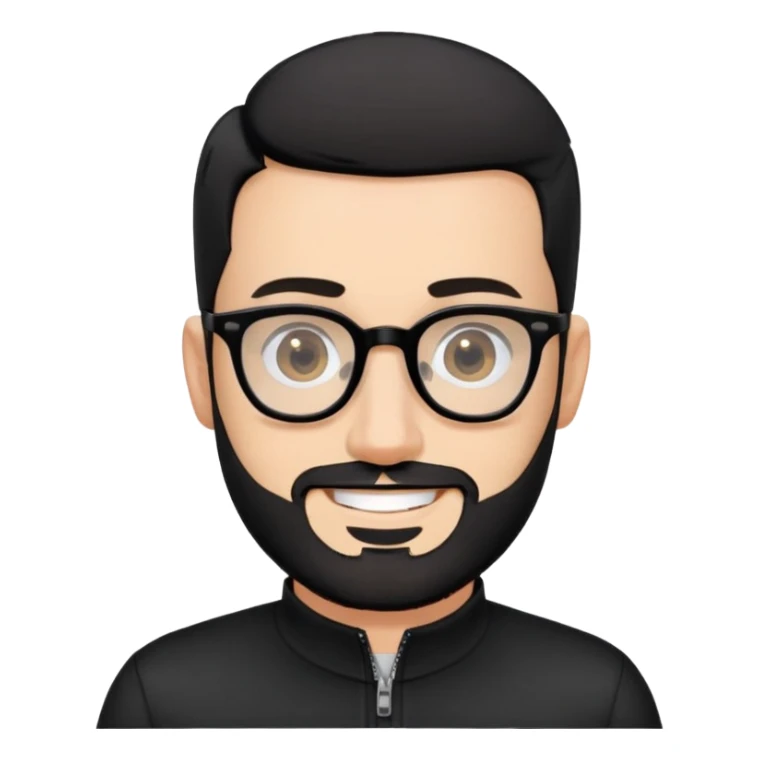 Fair-skinned man with almost buzz cut black hair (extremely short but not completely shaved), short salt and pepper beard, large black-framed glasses, smiling, wearing black long sleeve zip shirt at neck sticker