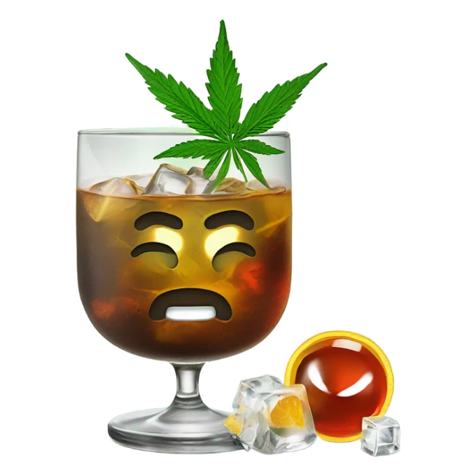infused cocktail in rocks glass with cannabis garnish, straw and ice sticker