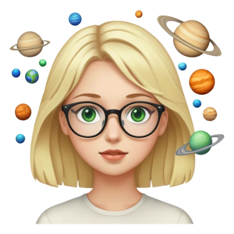 A blonde girl with green eyes and glasses with many planets around her sticker