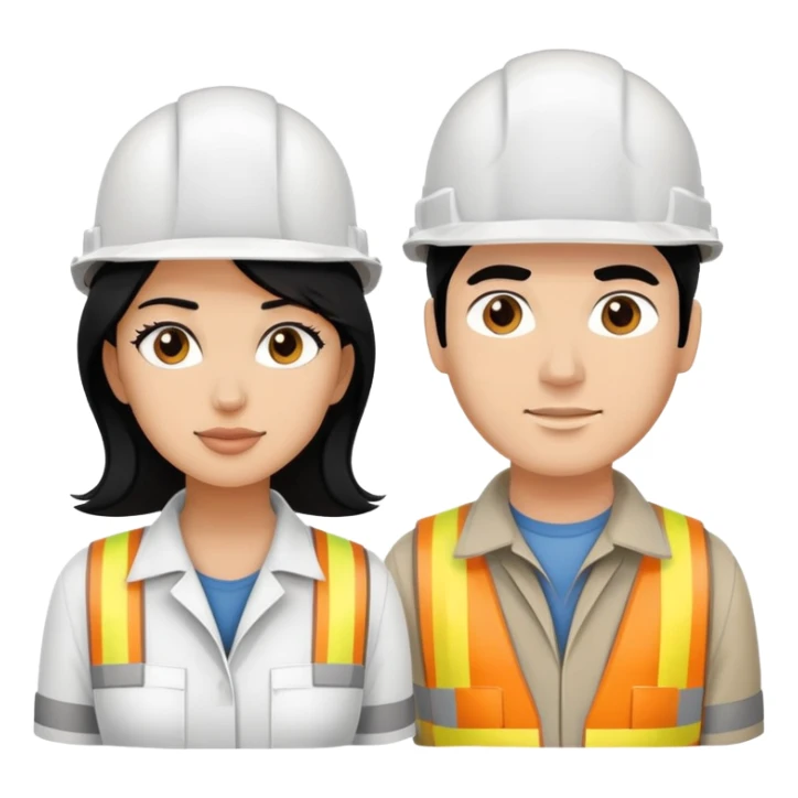 Woman and man builders with black hair and white construction helmets sticker