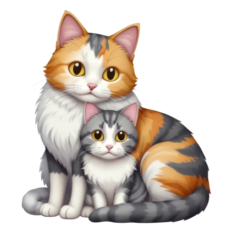 full body colourful light patched calico + white tabby cat cuddling a large grey and white cat  sticker