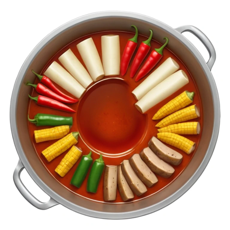A hot pot emoji in top-down view. The pot is divided into two sections: one with spicy red broth filled with chili peppers, and one with mild white broth. Surround the pot with rolled slices of meat, vegetables, and mushrooms. sticker