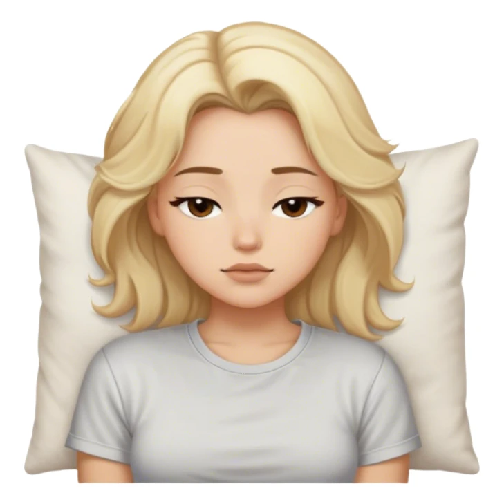 blonde model, brown eyes, medium voluminous hair, comfy t-shirt, napping sticker