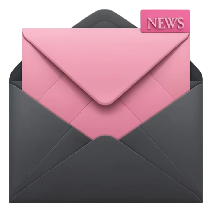 A minimalist 3D icon of an open envelope with a card inside that says 'NEWS', flat design style, colors: deep charcoal black (#000000) and soft accent pink (#f9a8d4), clean lines, high contrast, isolated on a black background, high resolution. sticker