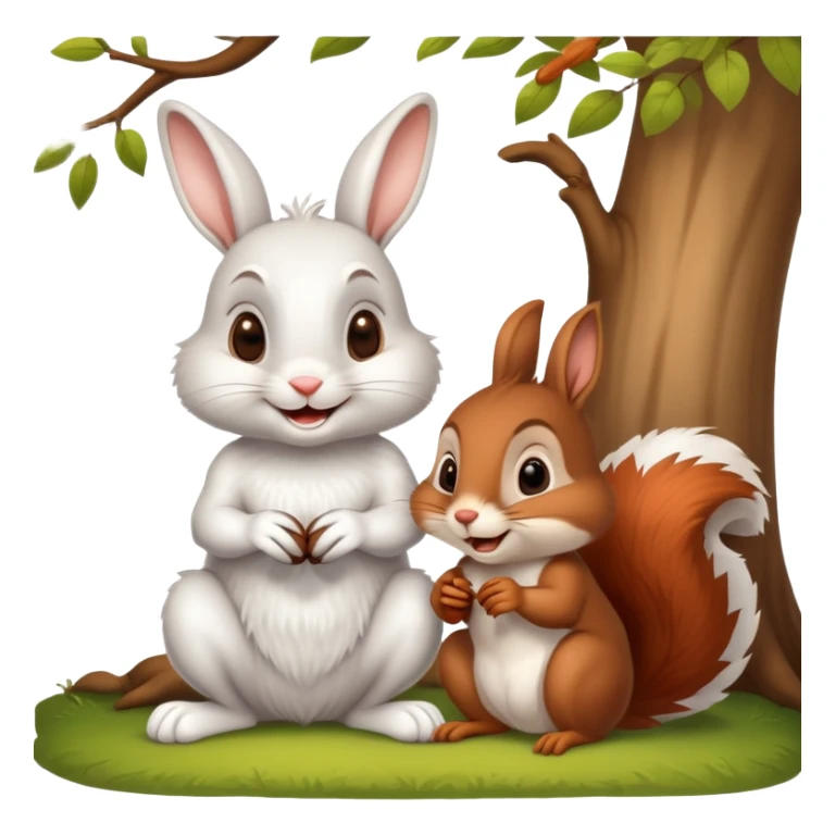 "The white rabbit and brown squirrel are sitting under a tree. The rabbit is smiling and suggesting a race to the squirrel. sticker
