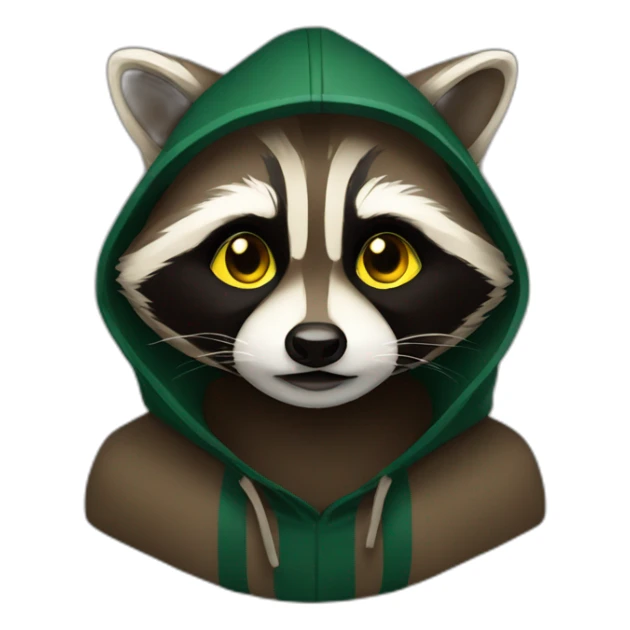 brown raccoon with yellow eyes and a dark green hood sticker