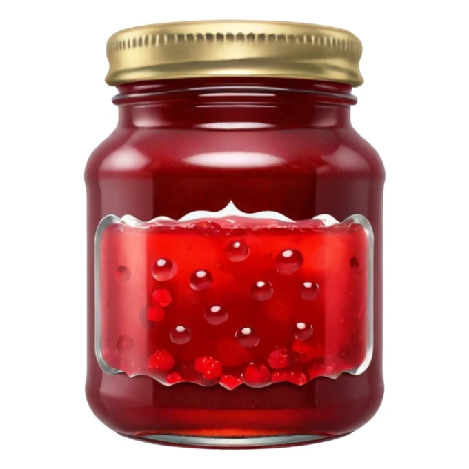 small glass jar filled with vibrant red jam, thick texture with air bubbles and fruit bits, simple metallic lid, small blank label, 3D-rendered, clean, softly lit, subtle reflections on glass, soft shadows, no anthropomorphic features, transparent background, emoji scale, high clarity sticker