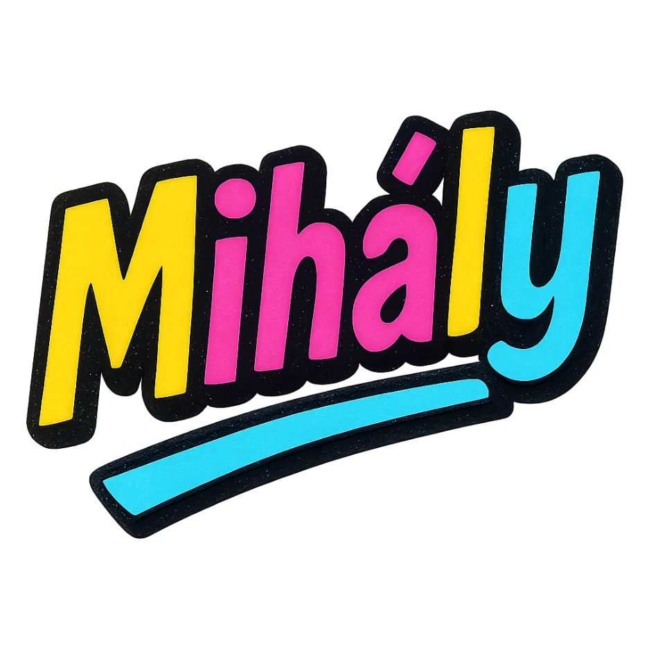 Mihály name in modern colorful gradient font with dark outline, dynamic slanted or partial underline, in the style of reference patterns sticker