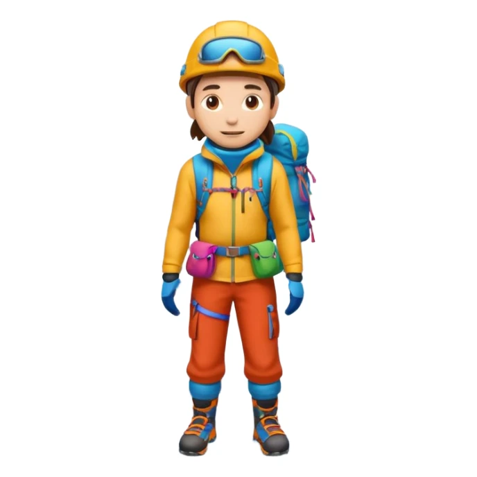 A 3D cartoon mountaineer standing on a snowy Everest-like summit with a flag, wearing colorful climbing gear, soft lighting, Memoji-style.negative : Flag sticker