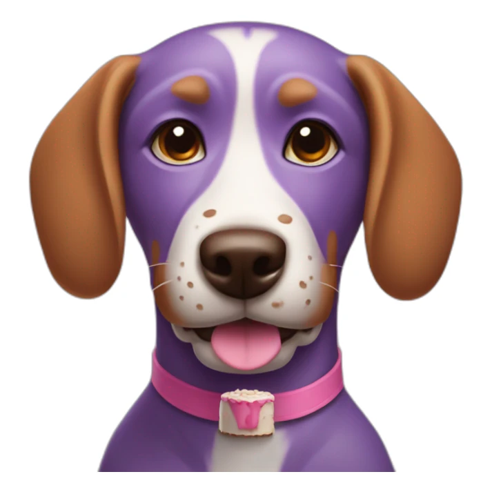 a purple dog with a brown nose and a pink collar with a bone eat cake sticker