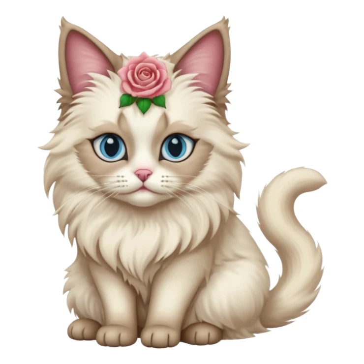 Neva masquerade cat, very fluffy, with pale blue eyes and rose nose sticker