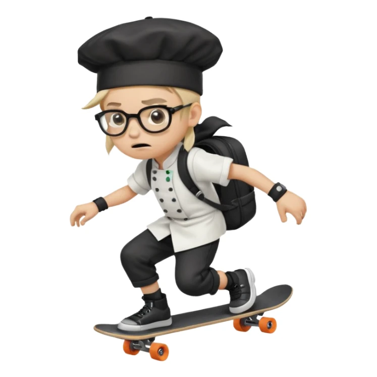["An angry boy with light skin, ponytail, wearing a chef hat and square glasses, dressed in goth fashion, is skateboarding while holding a backpack."] sticker