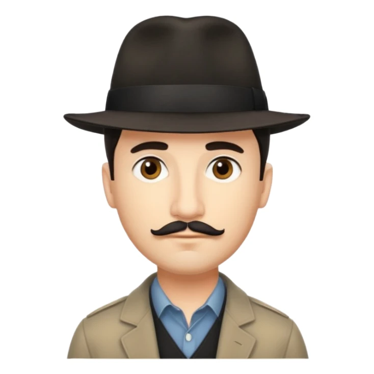 A light-skinned man with short dark hair, thin straight mustache, and a black fedora, with an oval face and calm look. sticker
