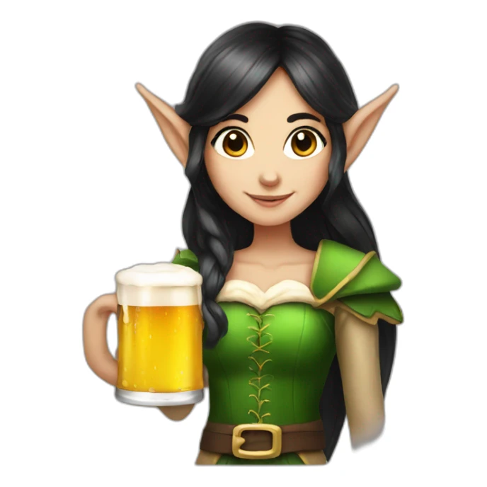 Elf girl with dark hair holding a beer sticker