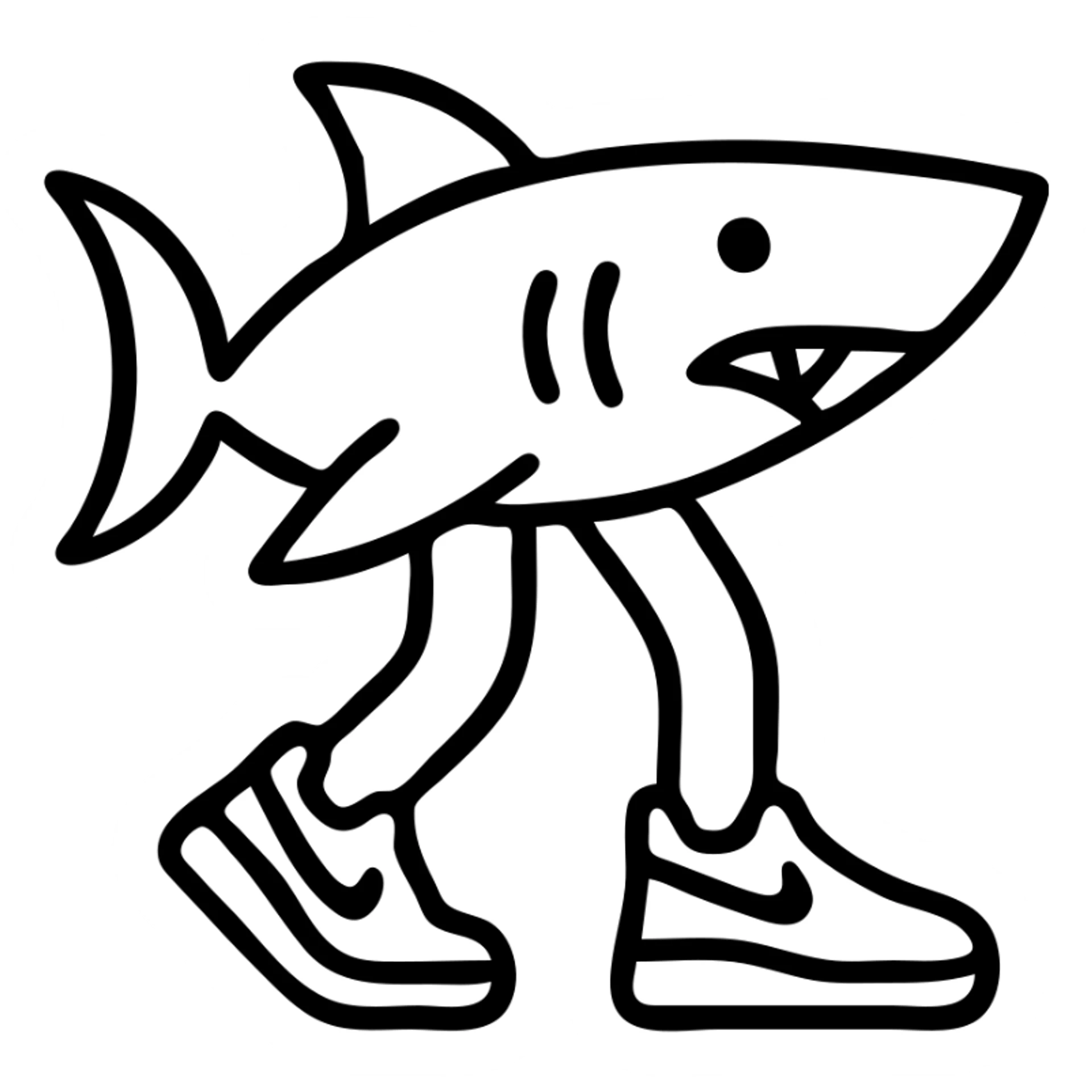 shark with legs wearing light blue Nike sneakers, outlined icon style, geometric, precise, no fill sticker