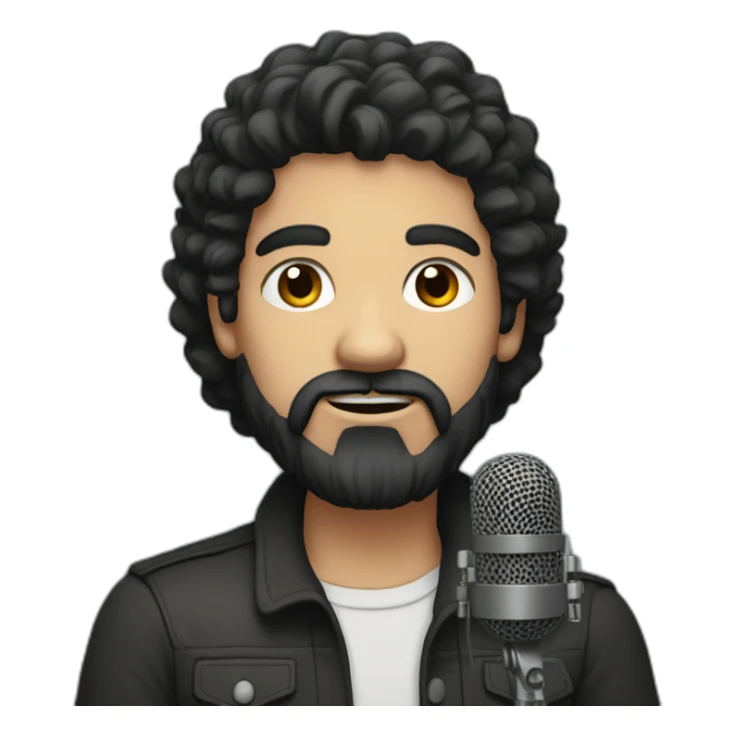 A stocky man with a black beard and thick hair and a microphone sticker